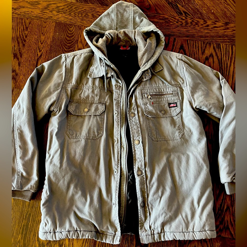 Men’s medium Dickies gray hooded zip and button jacket quilted inside like new